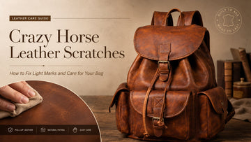 Crazy Horse leather scratches care guide featuring a brown leather backpack and buffing detail