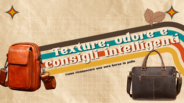 Banner «Texture, odore e consigli intelligenti» con una borsa a tracolla arancio e una borsa porta documenti marrone scuro