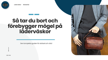 Banner «Så tar du bort och förebygger mögel på läderväskor»: en man håller en brun läderväska