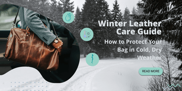 Titelbild Winter-Lederpflege: Person mit cognacfarbener Leder-Reisetasche im Schnee