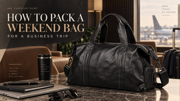 How to pack a weekend bag for a business trip cover image with a black leather weekender bag in an airport lounge