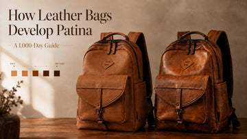 Carryfort banner: how leather bags develop patina over 1,000 days, with two tan leather backpacks compared side by side