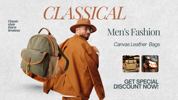 Titelbild: Canvas-Leder-Taschen für Herren, Mann mit olivgrünem Canvas-Rucksack