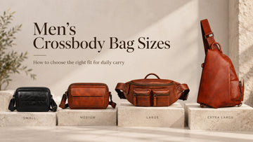 Men's crossbody bag size guide showing small, medium, large, and extra large leather crossbody bag options for daily carry