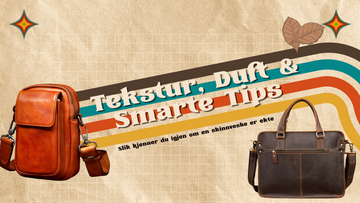 Banner: tekstur, duft og smarte tips for å kjenne igjen ekte skinn, med to brune skinnvesker