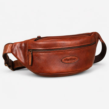 Mens leather waist bag in vintage brown full-grain cowhide with compact crossbody shape and adjustable strap