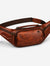 Dark brown leather waist bag shown at a front angle with vintage concealed carry fanny pack shape and adjustable strap
