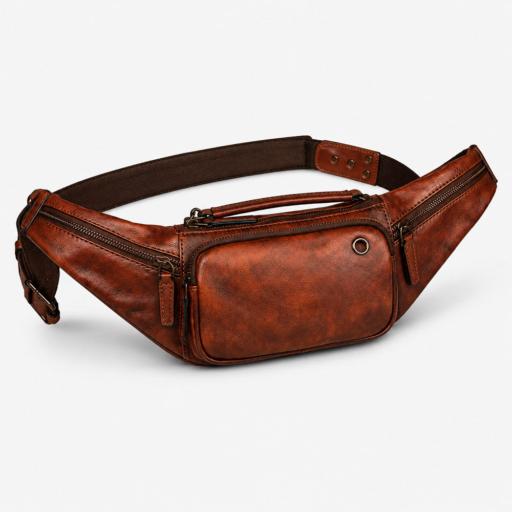Dark brown leather waist bag shown at a front angle with vintage concealed carry fanny pack shape and adjustable strap