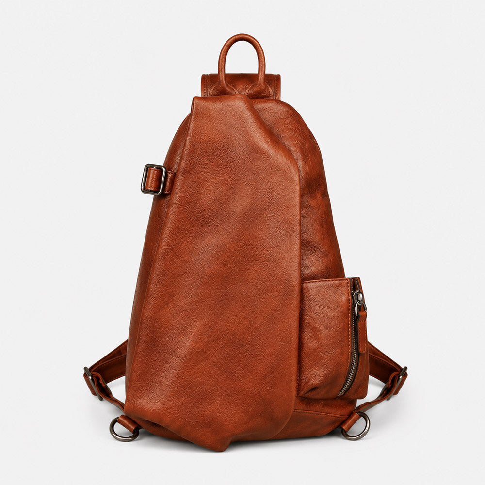 Brown leather shoulder bag for men shown at a front angle with large-capacity full-grain waist pack structure