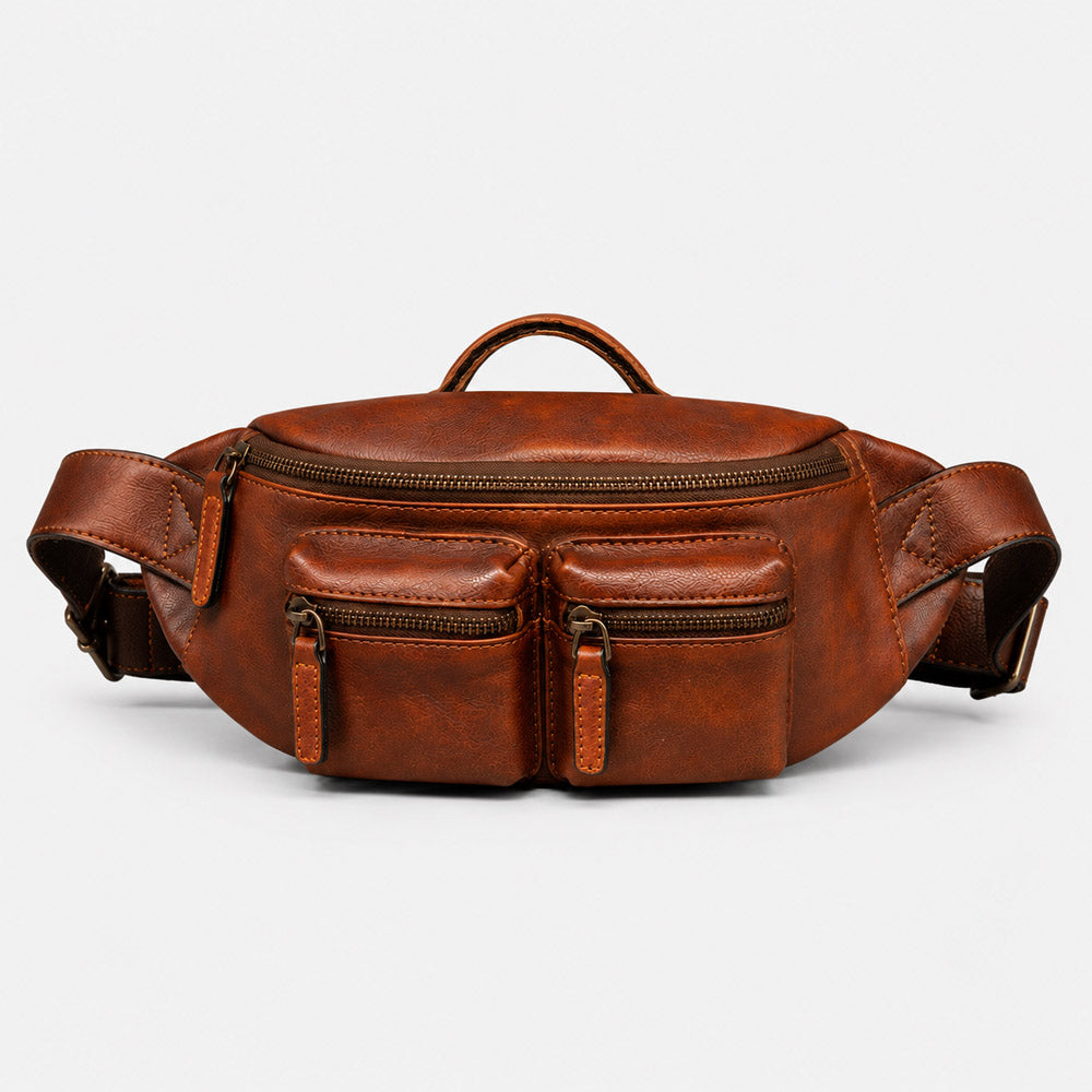 Brown full-grain leather designer bum bag for men shown at a front angle with multi-pocket concealed carry design