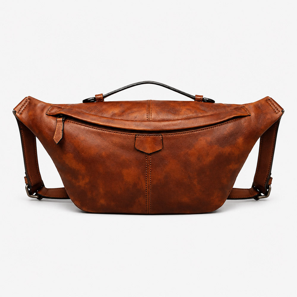 Front view of large leather shoulder bag for men with vintage-style bum bag silhouette, smooth zipper hardware, and dark brown leather finish