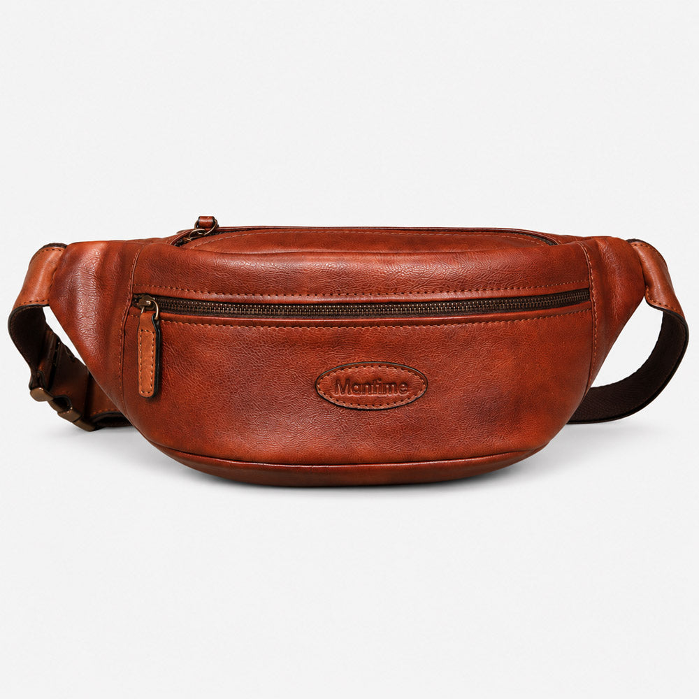 Mens leather waist bag in vintage brown full-grain cowhide with compact crossbody shape and adjustable strap