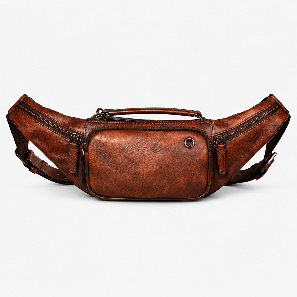 Dark brown leather waist bag shown at a front angle with vintage concealed carry fanny pack shape and adjustable strap