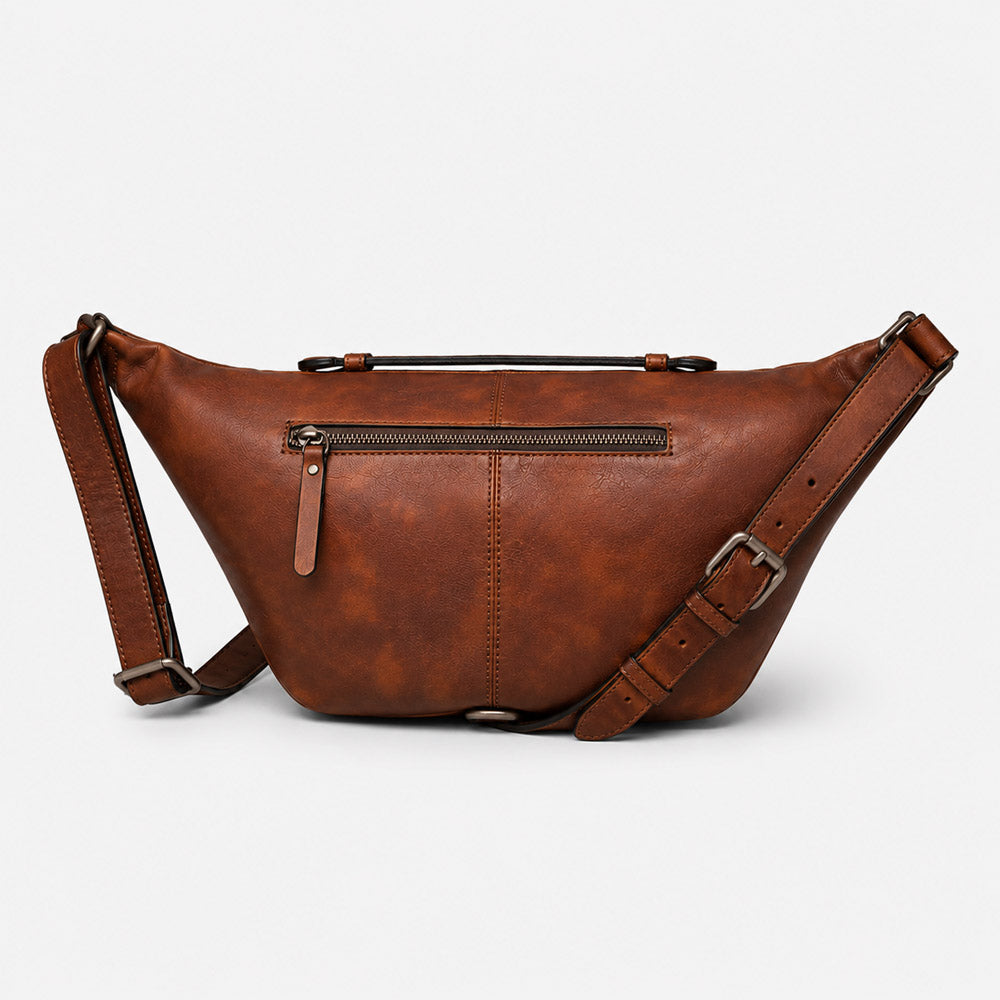 Back view of large leather shoulder bag with adjustable strap, clean rear panel, and secure crossbody or shoulder carry design