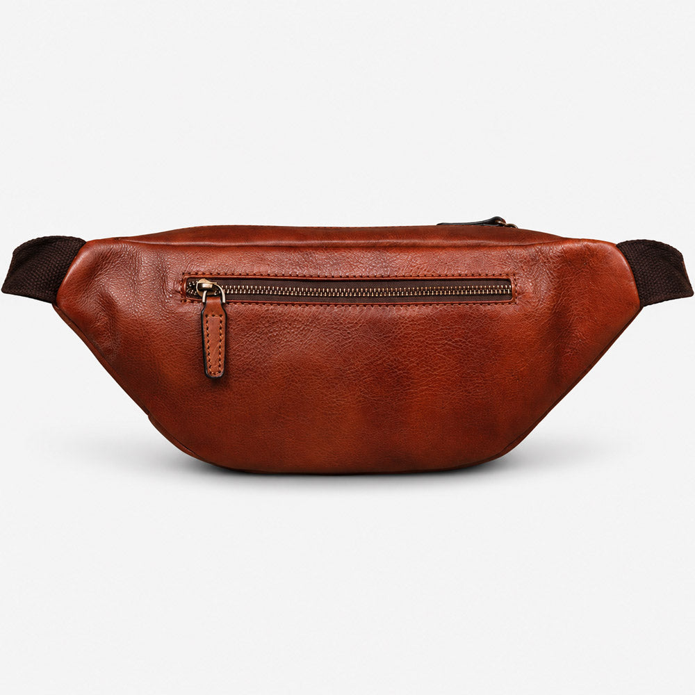 Back view of vintage leather waist bag with adjustable strap, clean leather panel, and compact daily carry structure