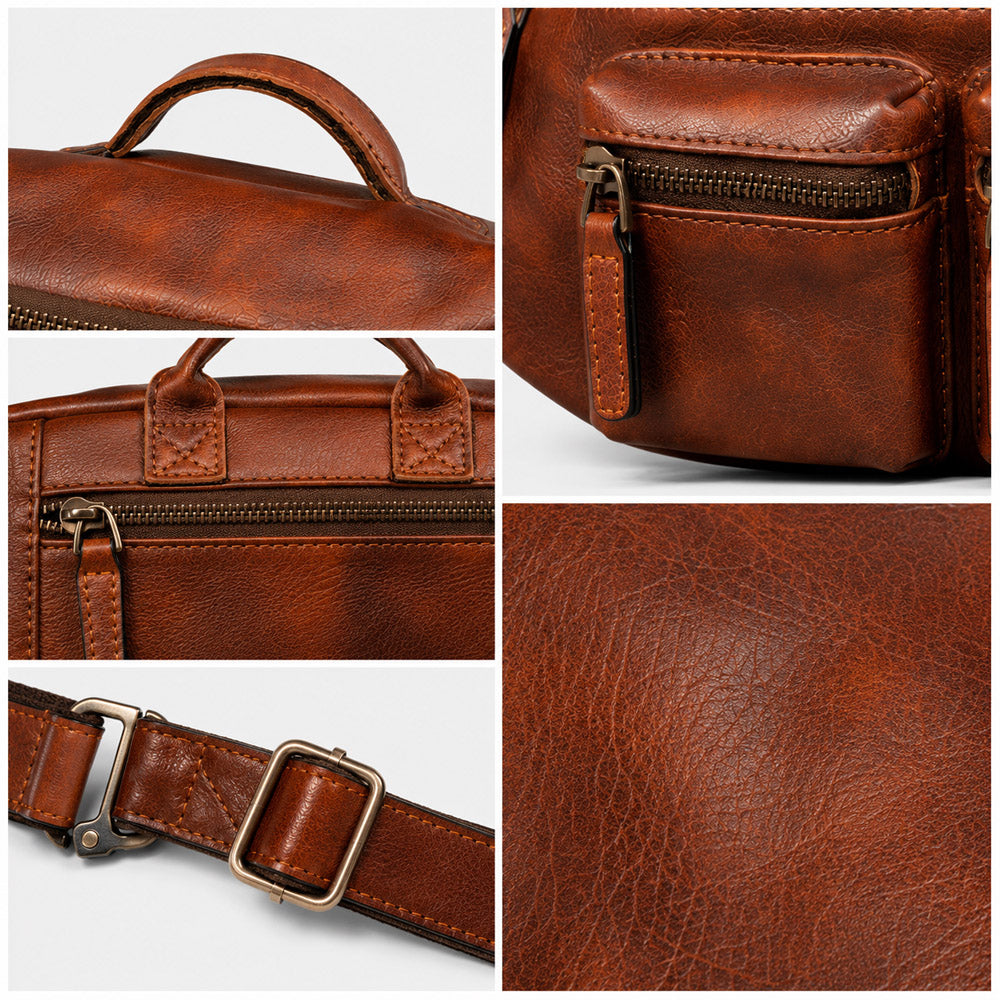 Detail collage of designer leather bum bag showing zipper pockets, full-grain leather texture, stitching, buckle, and hardware