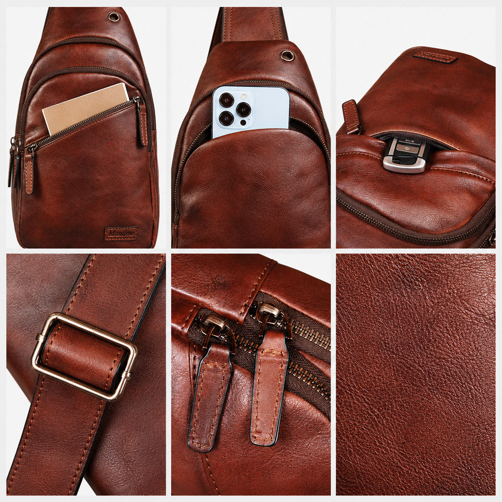 Detail collage of deep brown leather waist bag showing leather logo patch, zipper pulls, strap buckle, stitching, and full-grain texture