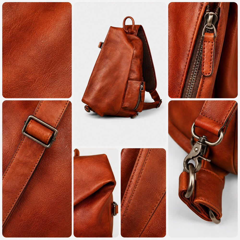 Detail collage of brown leather shoulder bag showing full-grain leather texture, metal zippers, strap hardware, stitching, and vintage finish