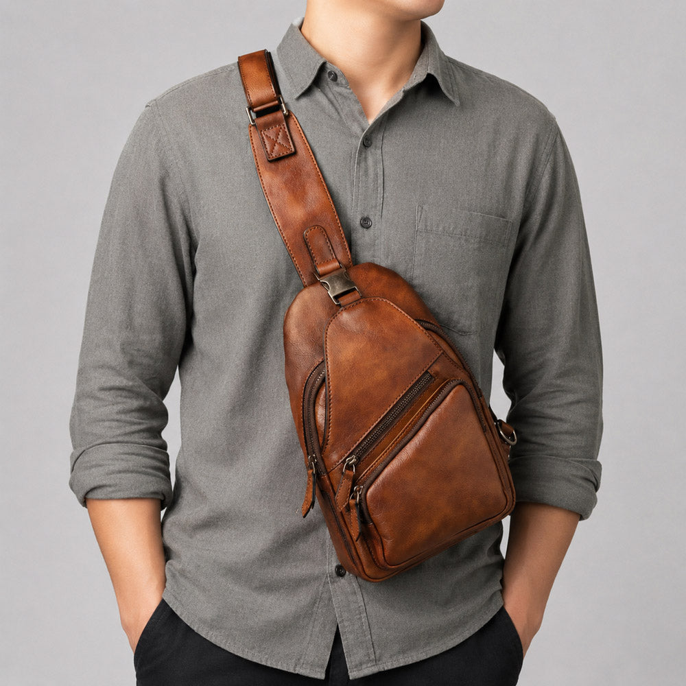 Vintage leather mens bum bag worn crossbody on model, showing secure holster-style fit for hands-free everyday carry