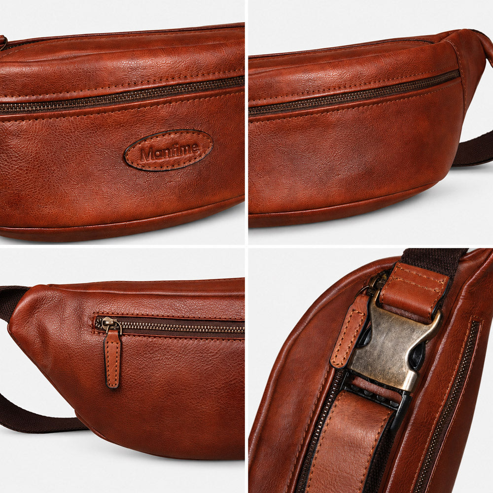 Detail collage of mens leather waist bag showing full-grain leather texture, zipper pulls, strap hardware, stitching, and vintage finish