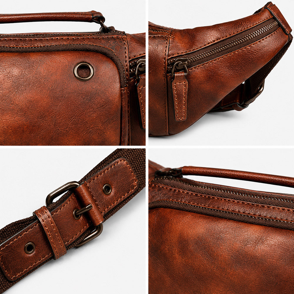 Detail collage of concealed carry leather fanny pack showing full-grain leather texture, zipper pulls, stitching, strap buckle, and hardware