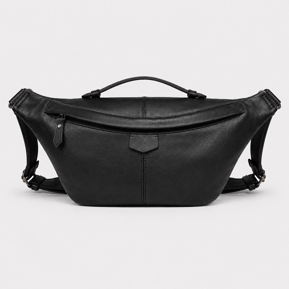 Black large leather shoulder bag for men with vintage bum bag structure, adjustable strap, and sleek full-grain leather finish