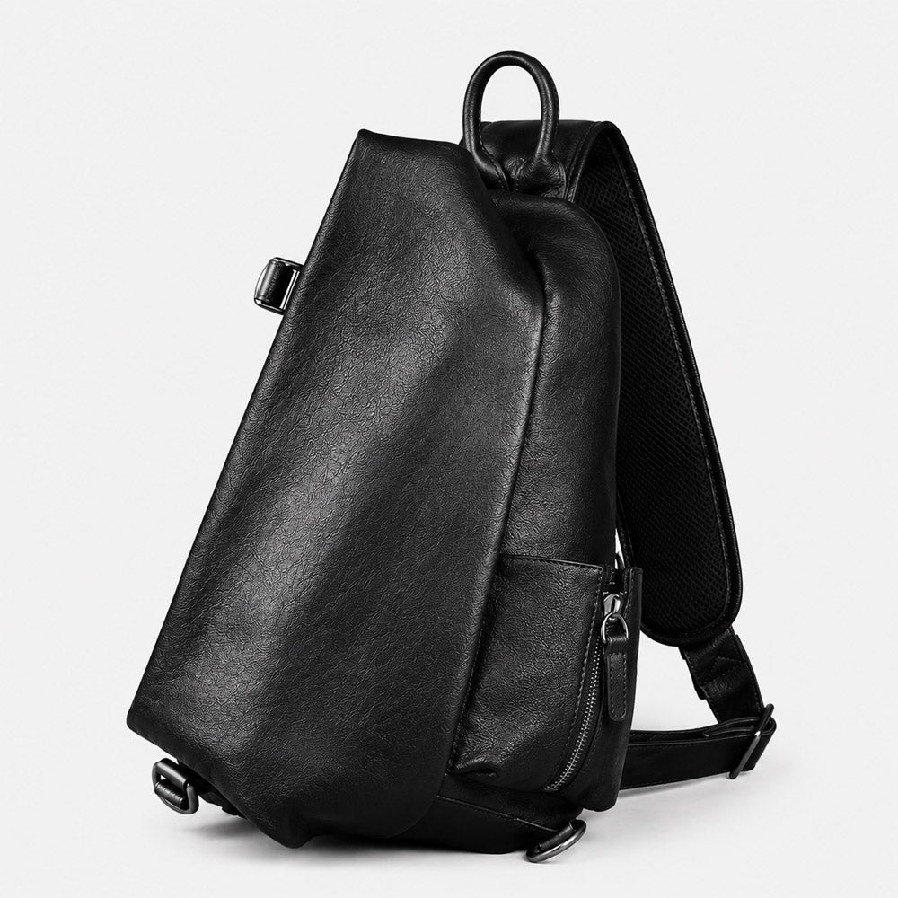 Black leather shoulder bag for men with large-capacity waist pack structure, adjustable strap, and sleek full-grain leather finish