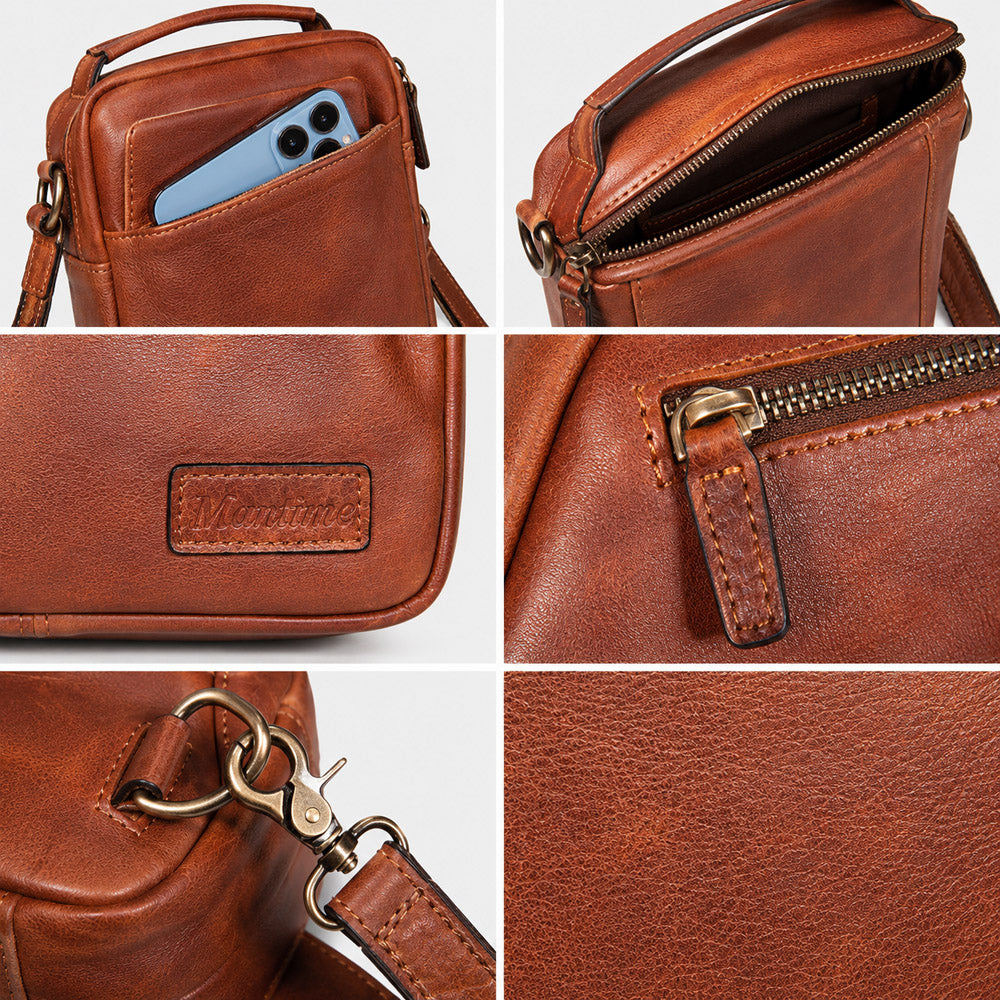 Detail collage of brown leather waist bag showing Mantime logo patch, zipper pulls, brass hardware, stitching, and leather grain