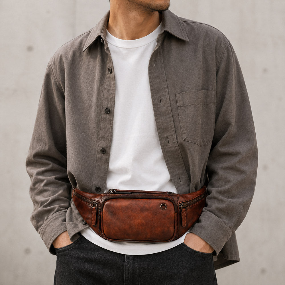 Dark brown leather waist bag worn crossbody on model, showing vintage concealed carry styling for daily travel and city use