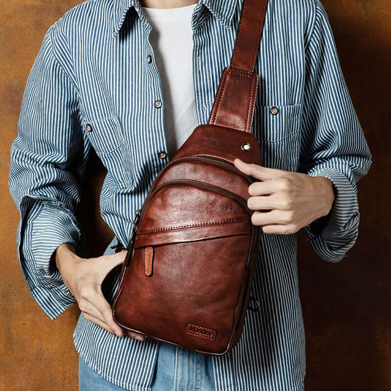 Deep Brown Leather Waist Bag Infused with Timeless Character