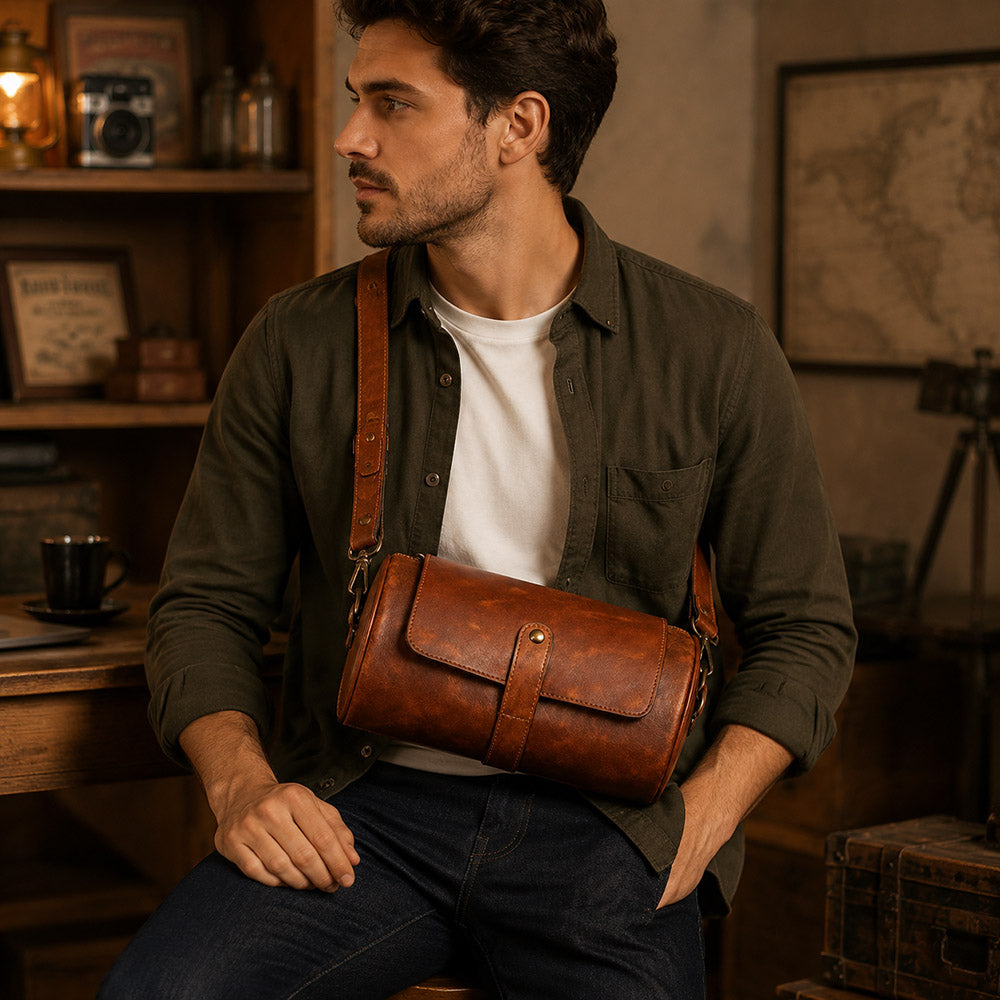 Stylish Brown Leather Shoulder Bag – Messenger Bag with Unique Cylindrical Design for men