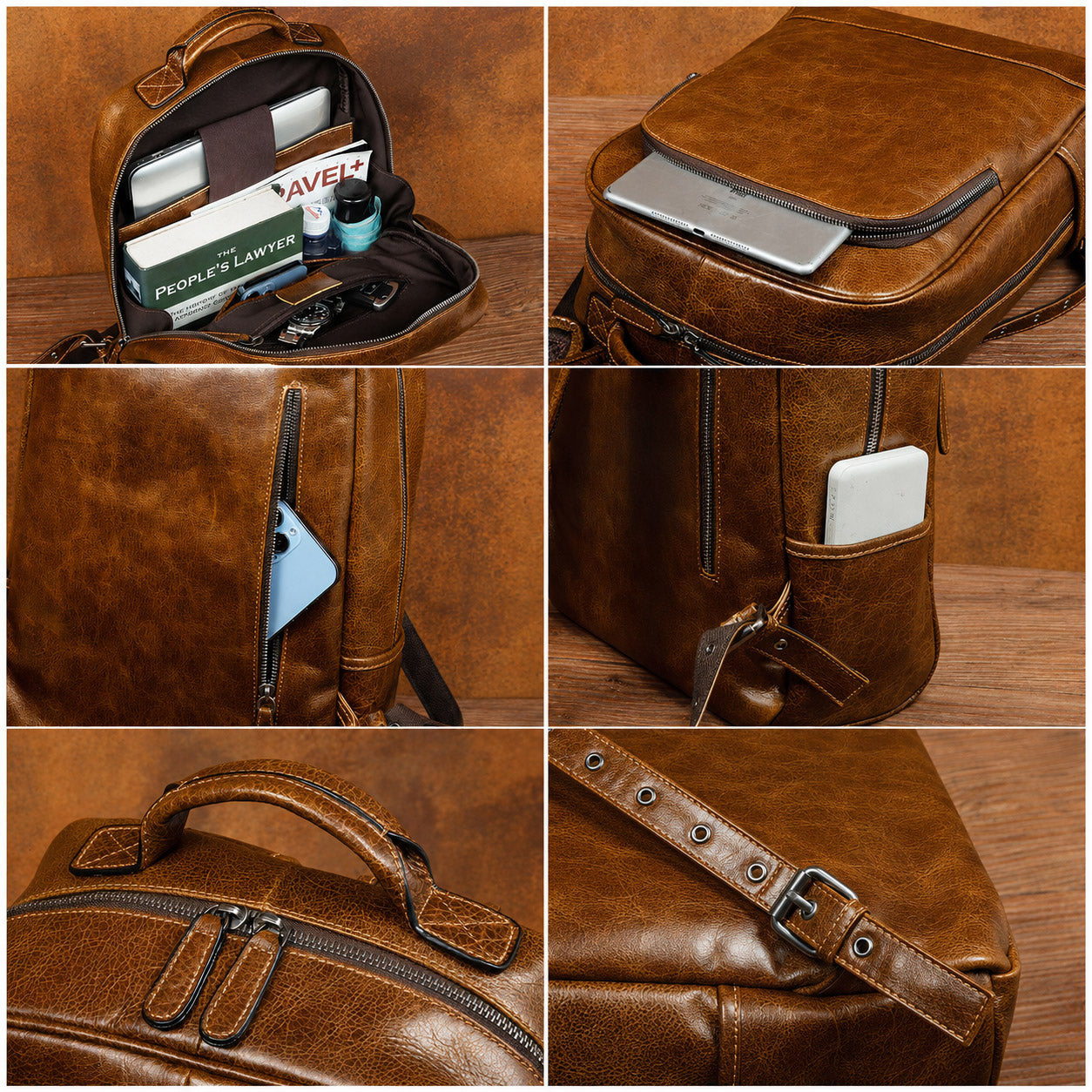 Leather backpack detail views: laptop sleeve, front zip pocket, back pocket, side pocket and top handle