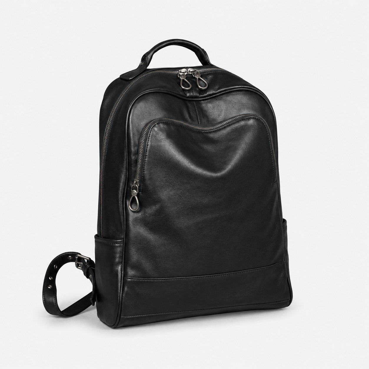 Black leather laptop backpack three-quarter view