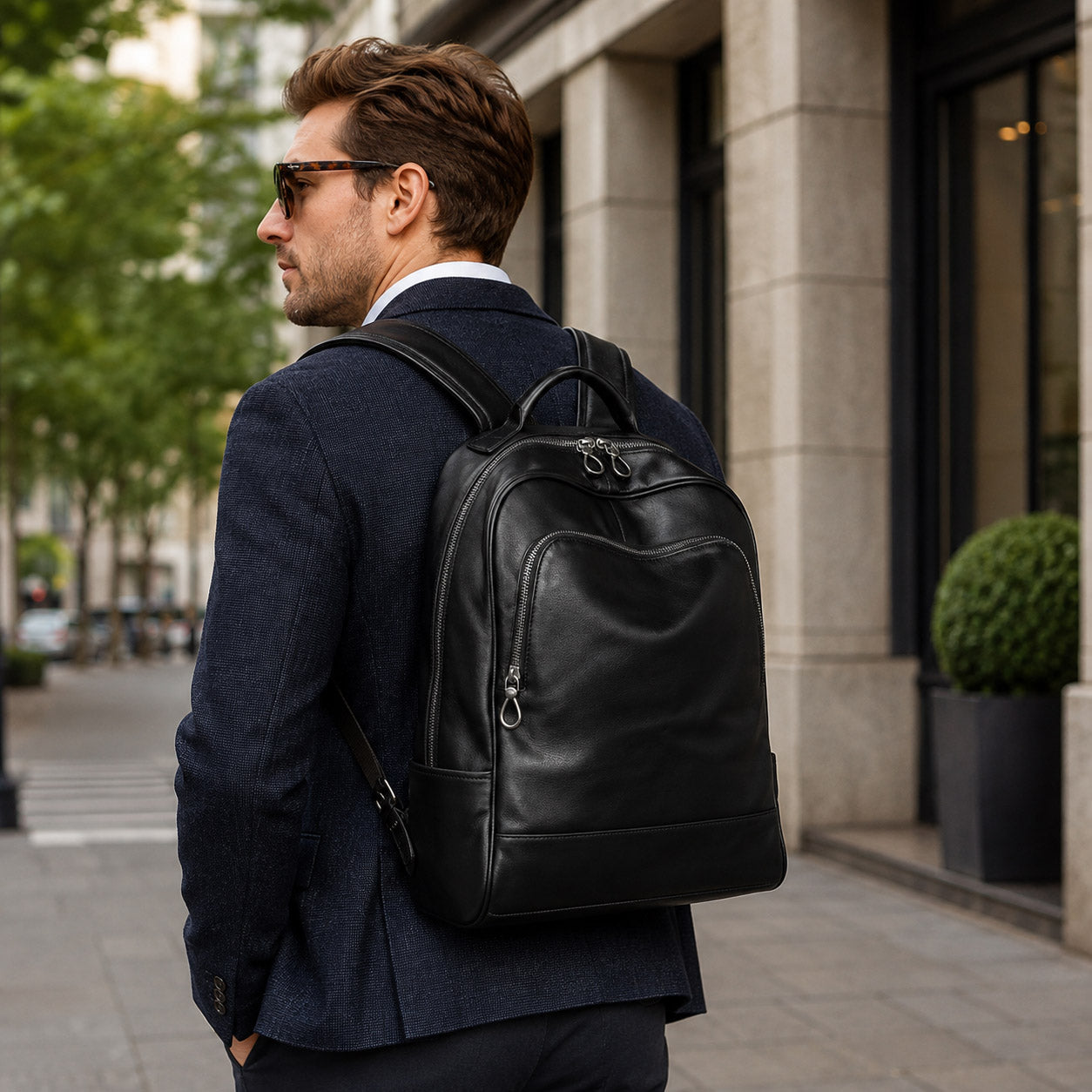 Man in a suit wearing the black leather commuter backpack on a city street