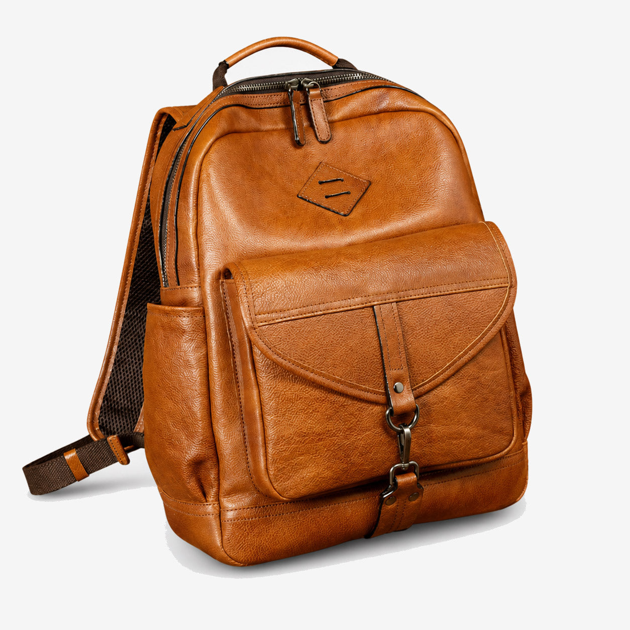 Leather backpack angled view showing mesh-backed shoulder straps and open side pocket