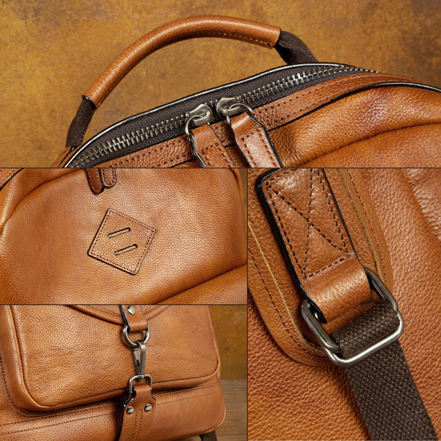 Leather backpack details: top handle, zip pulls, logo patch, strap buckle and flap clasp