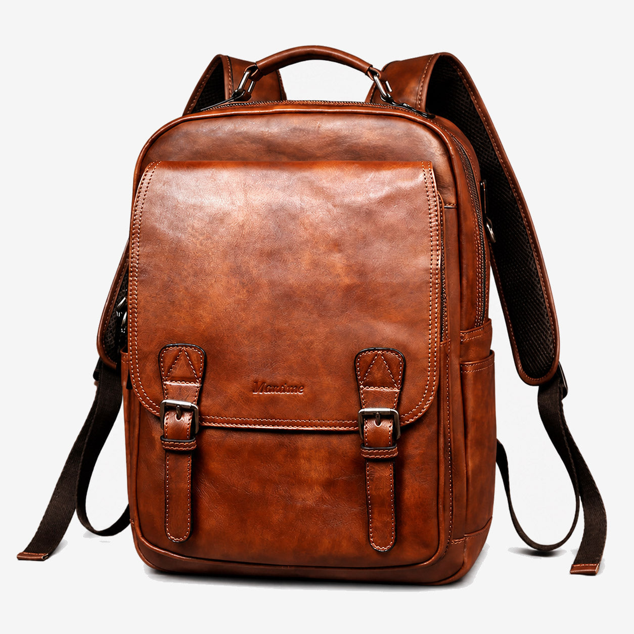 Vegetable-tanned leather backpack three-quarter view showing depth and side pocket