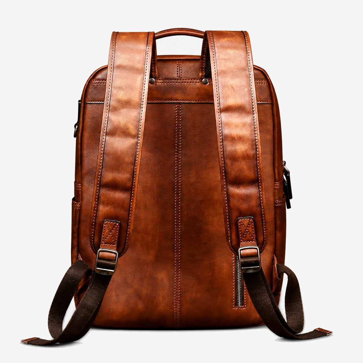 Leather backpack back panel with dual adjustable leather straps and hidden zip pocket