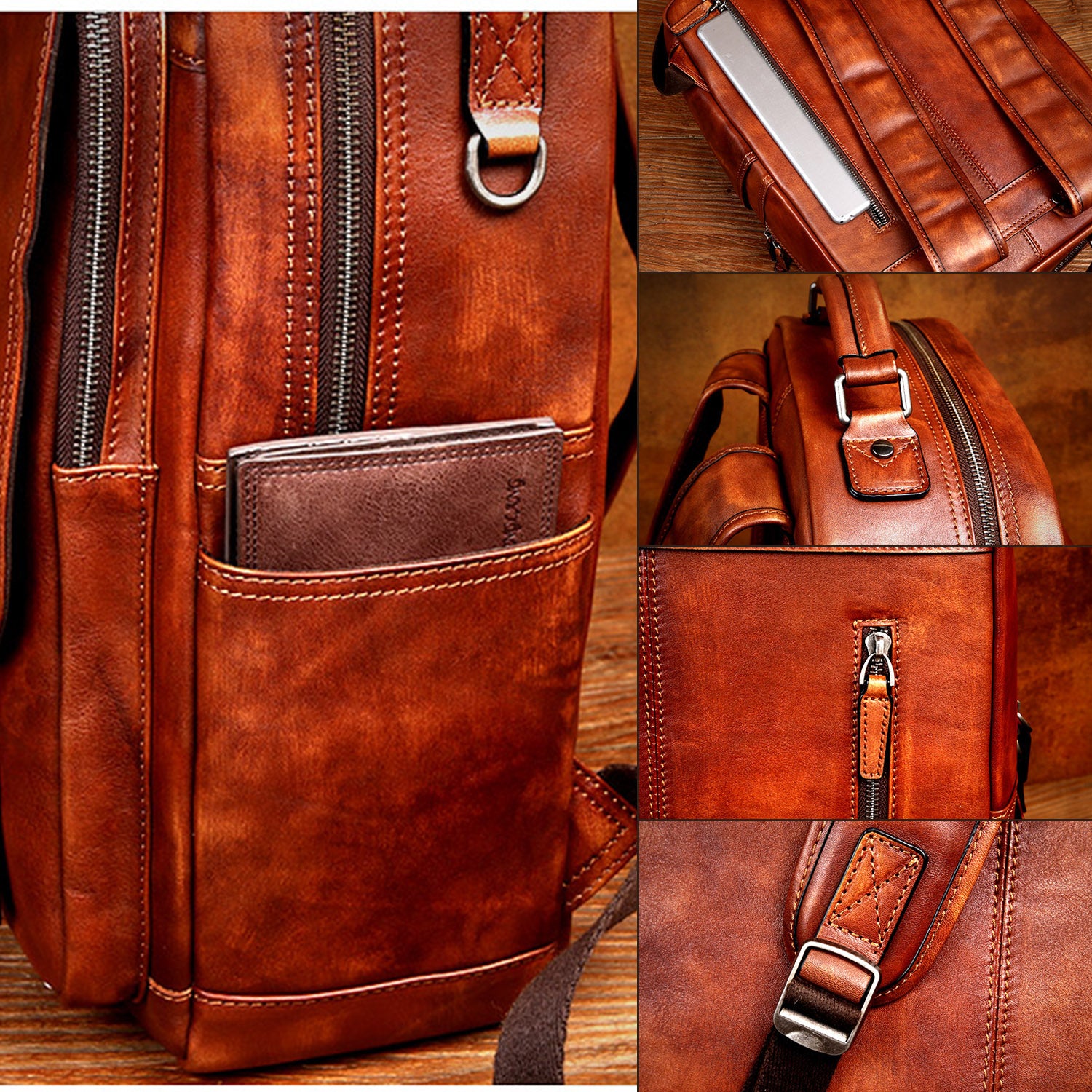 Leather backpack details: side pocket, laptop sleeve, D-ring, back zip pocket and strap buckle
