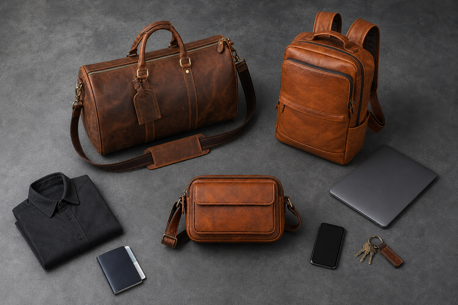 Leather duffle messenger bag and backpack arranged with daily carry items