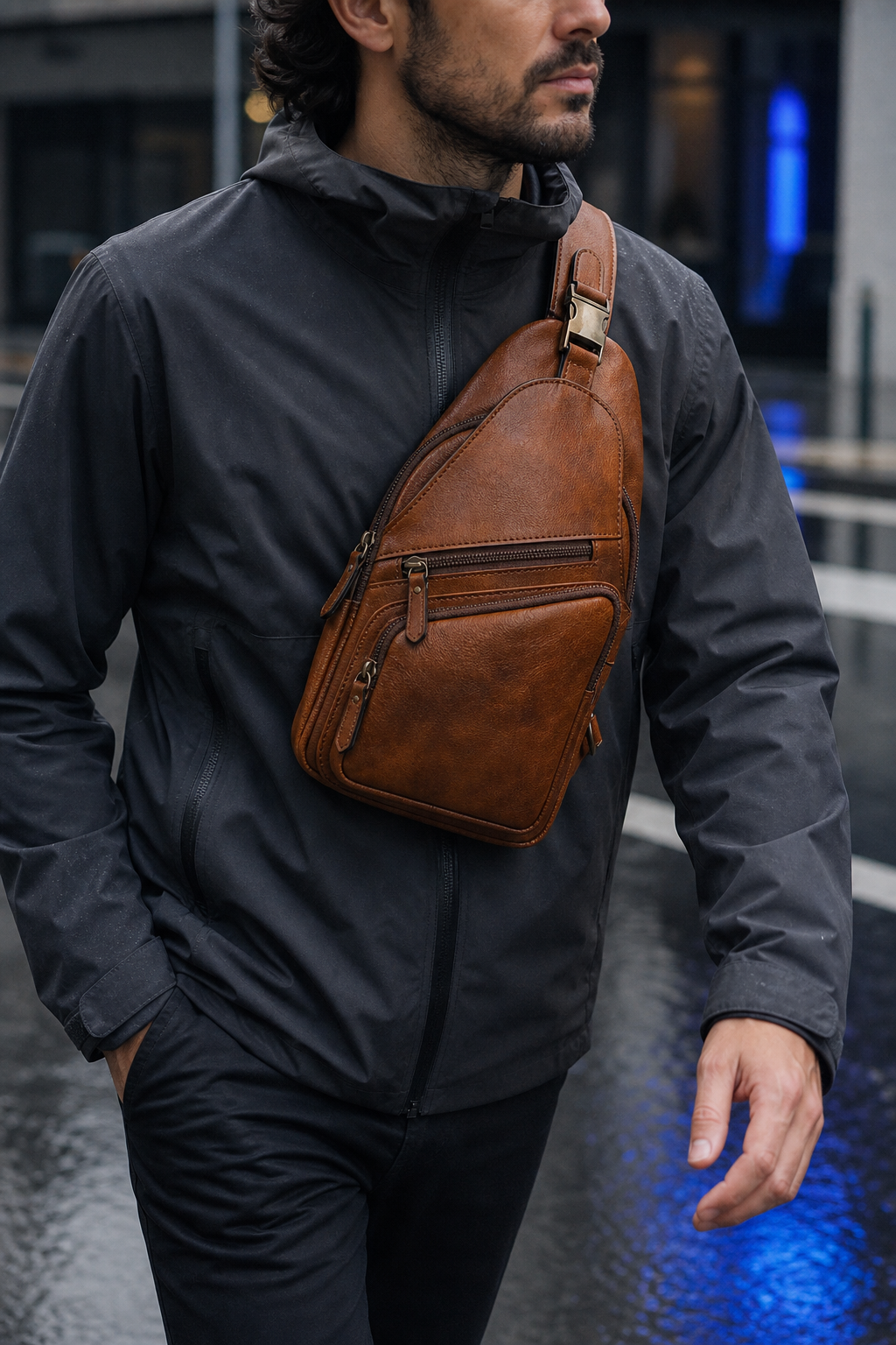 Man wearing a brown leather sling bag in the city