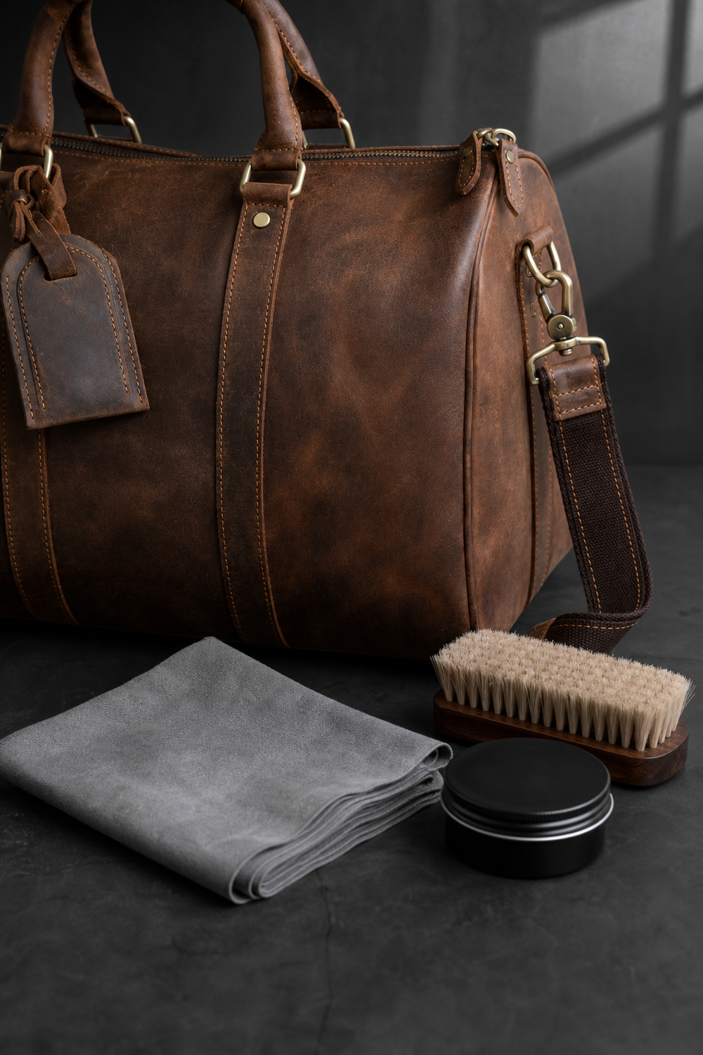 Brown leather duffle bag with cloth brush and leather conditioner