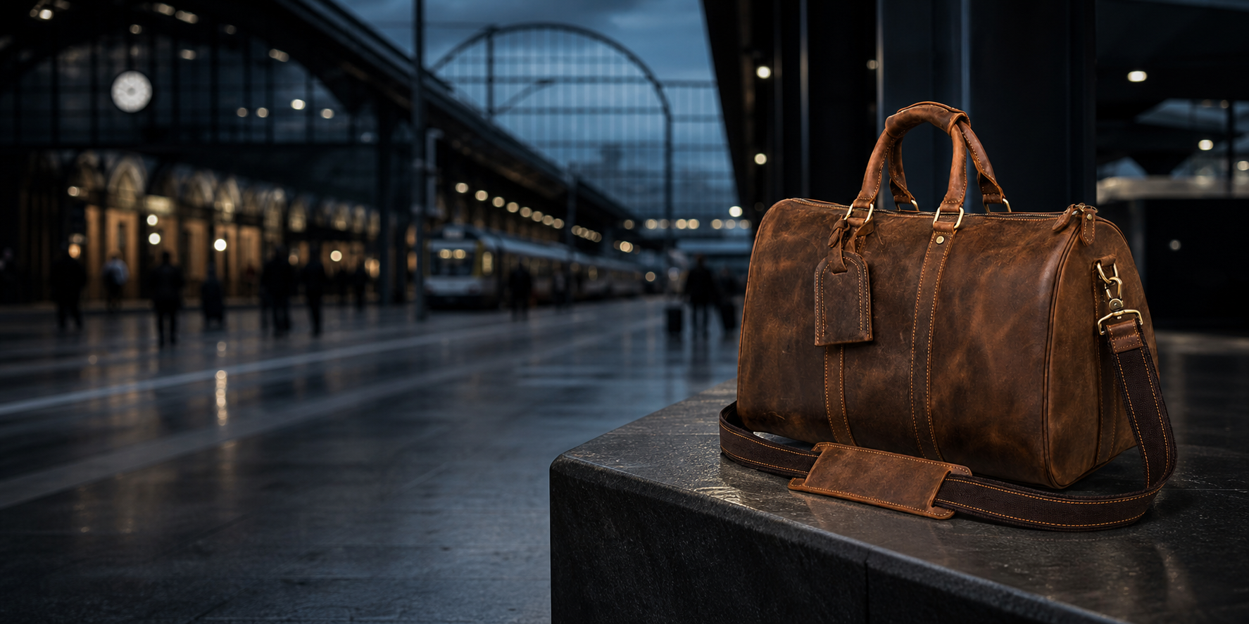 Brown Carryfort leather duffle bag in a modern railway terminal