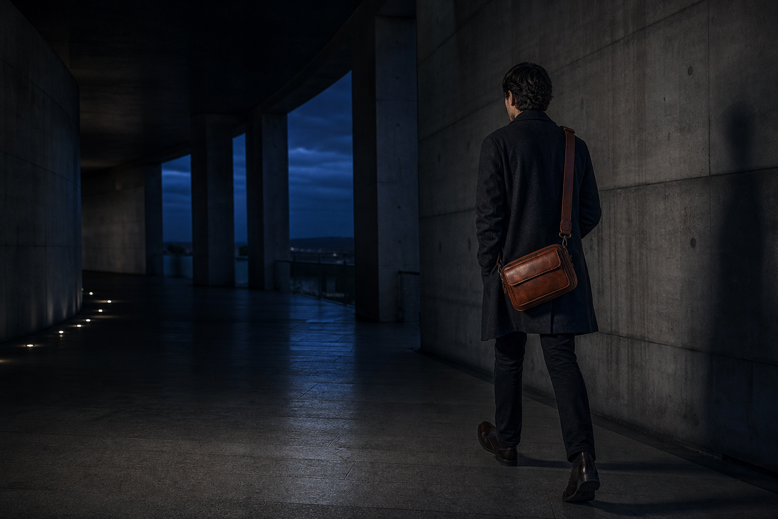 Man carrying a brown leather messenger bag through modern concrete architecture