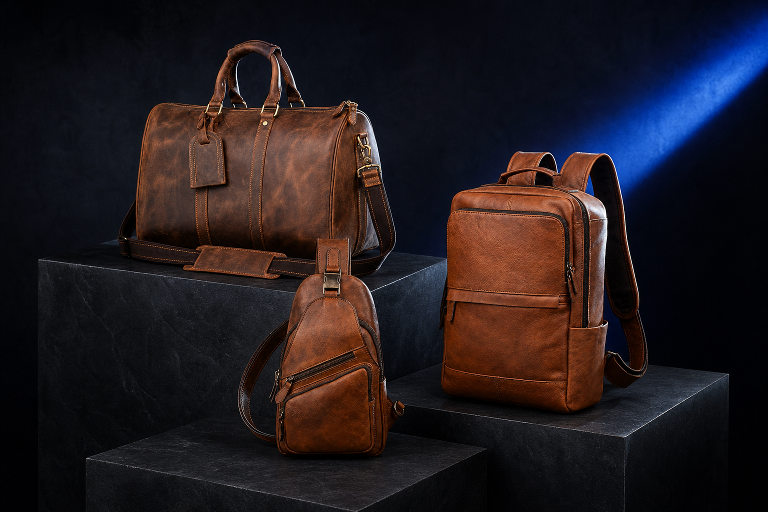 Carryfort leather duffle backpack and sling bag displayed on black plinths