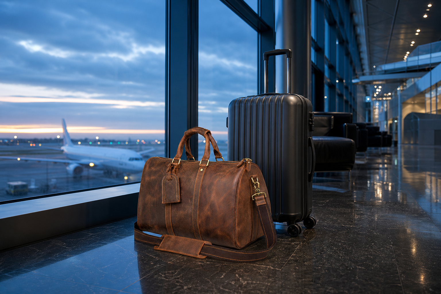 Brown leather duffle bag and suitcase in an airport lounge