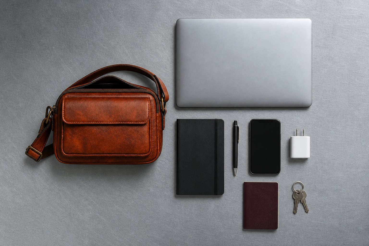 Laptop notebook phone charger passport and keys arranged beside a leather bag