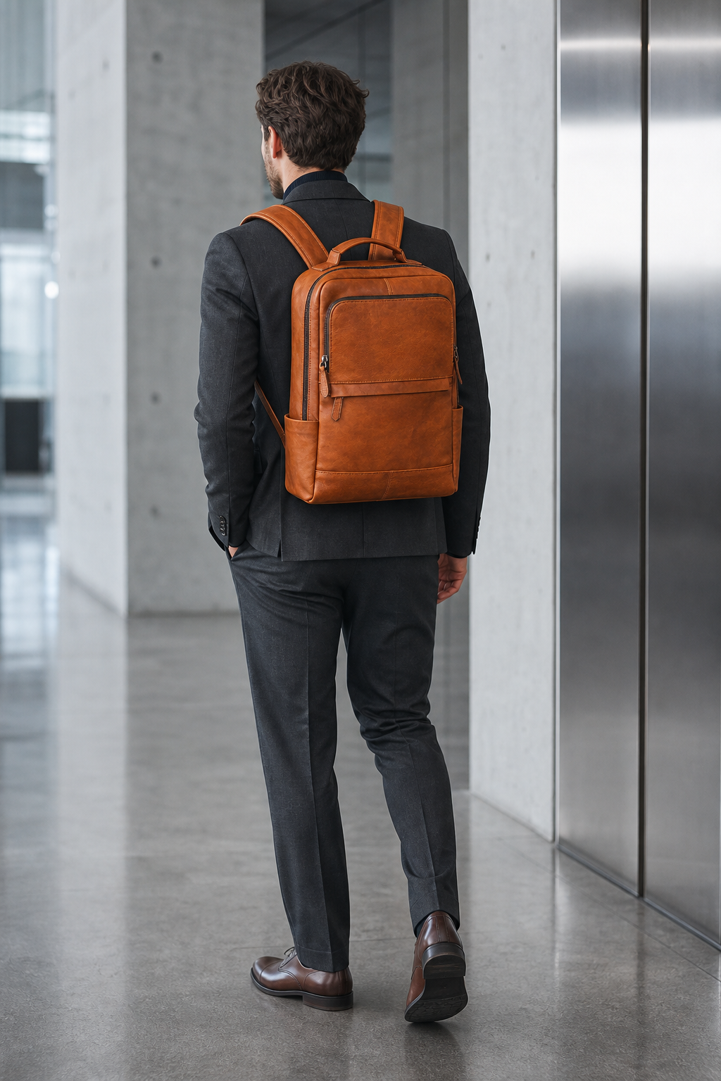 Man carrying a brown leather backpack through a modern office